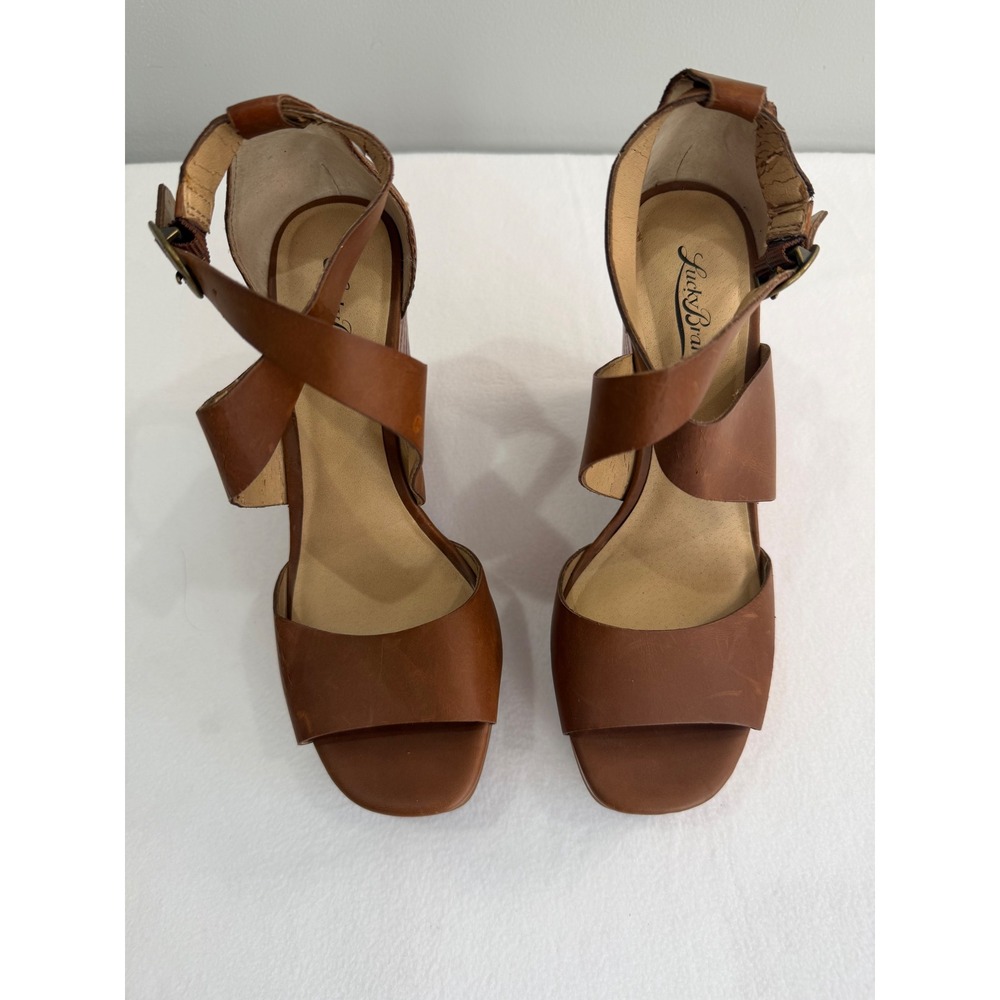 Lucky Brand Wedge Sandals Womens 9 Brown Leather Platform Boho Classic Festival